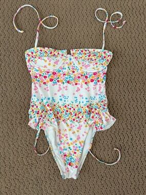 Forever 21 White Floral One-Piece Swimsuit with Pink, Blue, Yellow Flowers